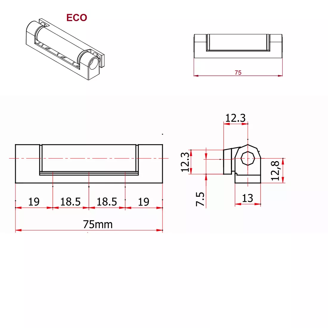 نقشه ابعاد لولای ۷۵ میلیمتری پنجره UPVC